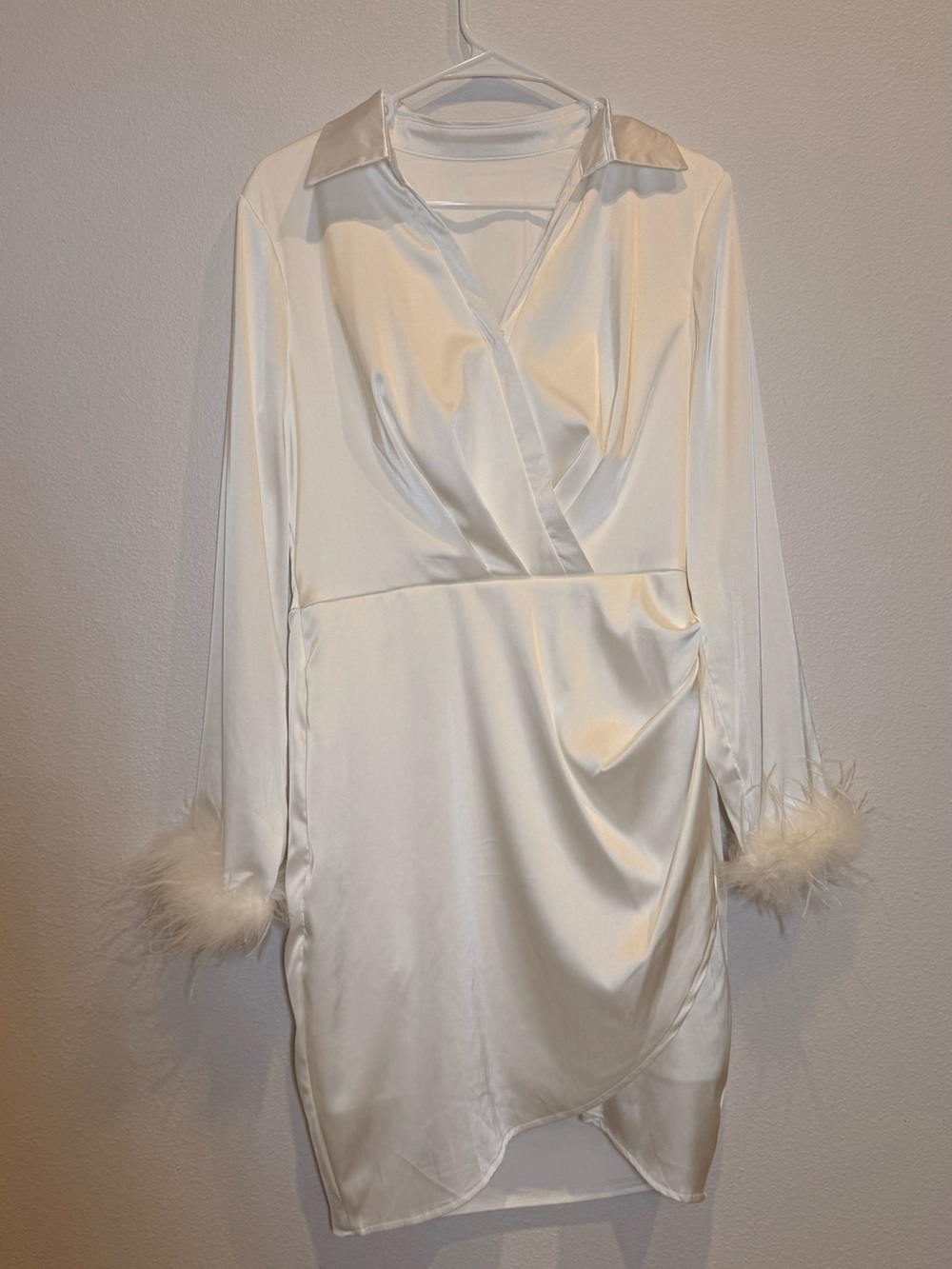White Satin Wrap Sleep Dress with Feather Cuffs